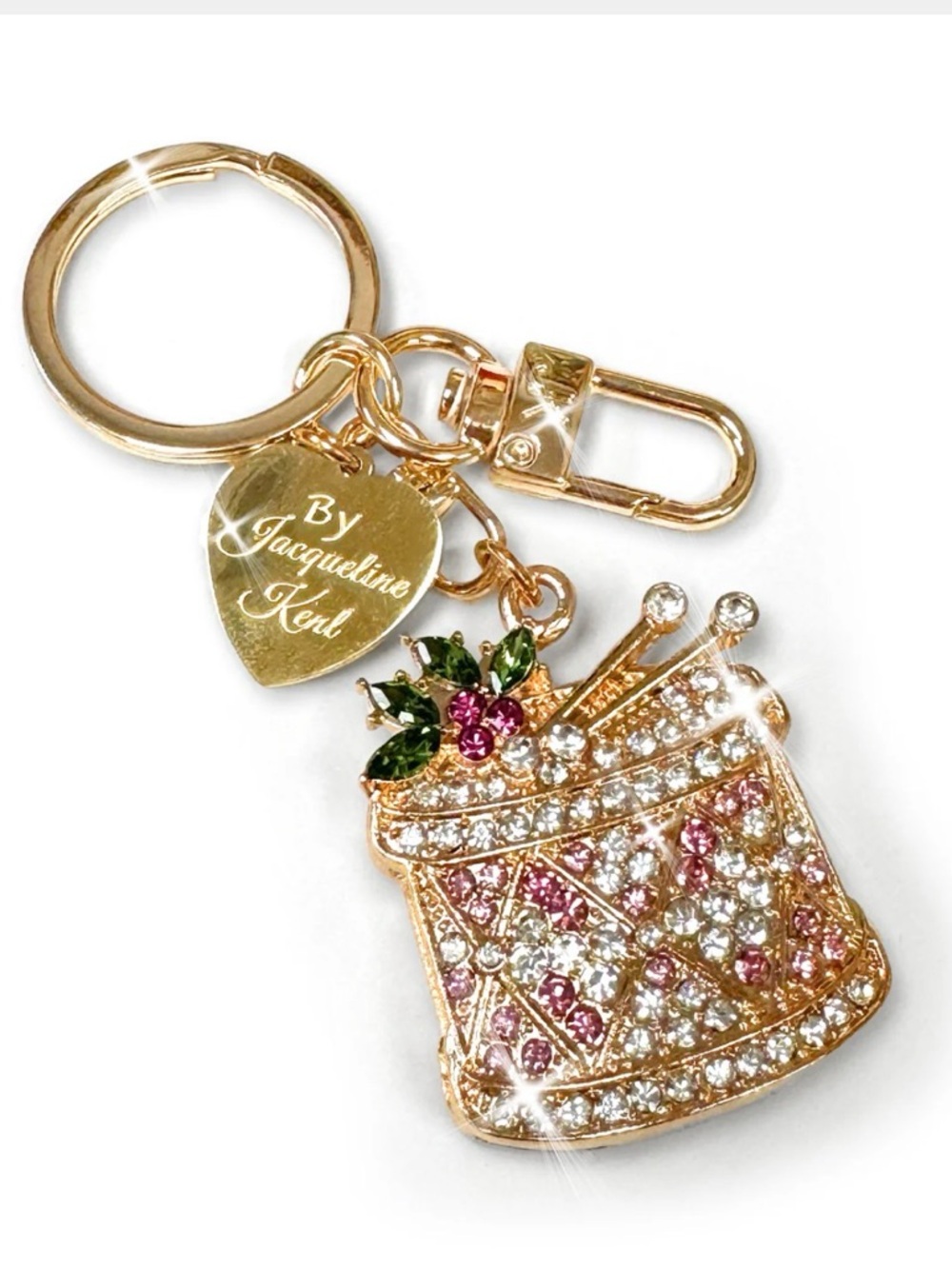 By Jacqueline Kent Gold Drummer Charm/ Keychain with Pink & Green Accents